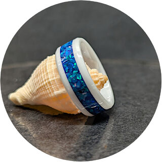 Peacock Blue Opal & Glow Rocks White Ceramic Ring