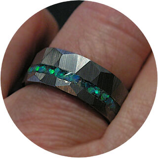 Green Jade Opal Ring, Hammered Tungsten 8mm